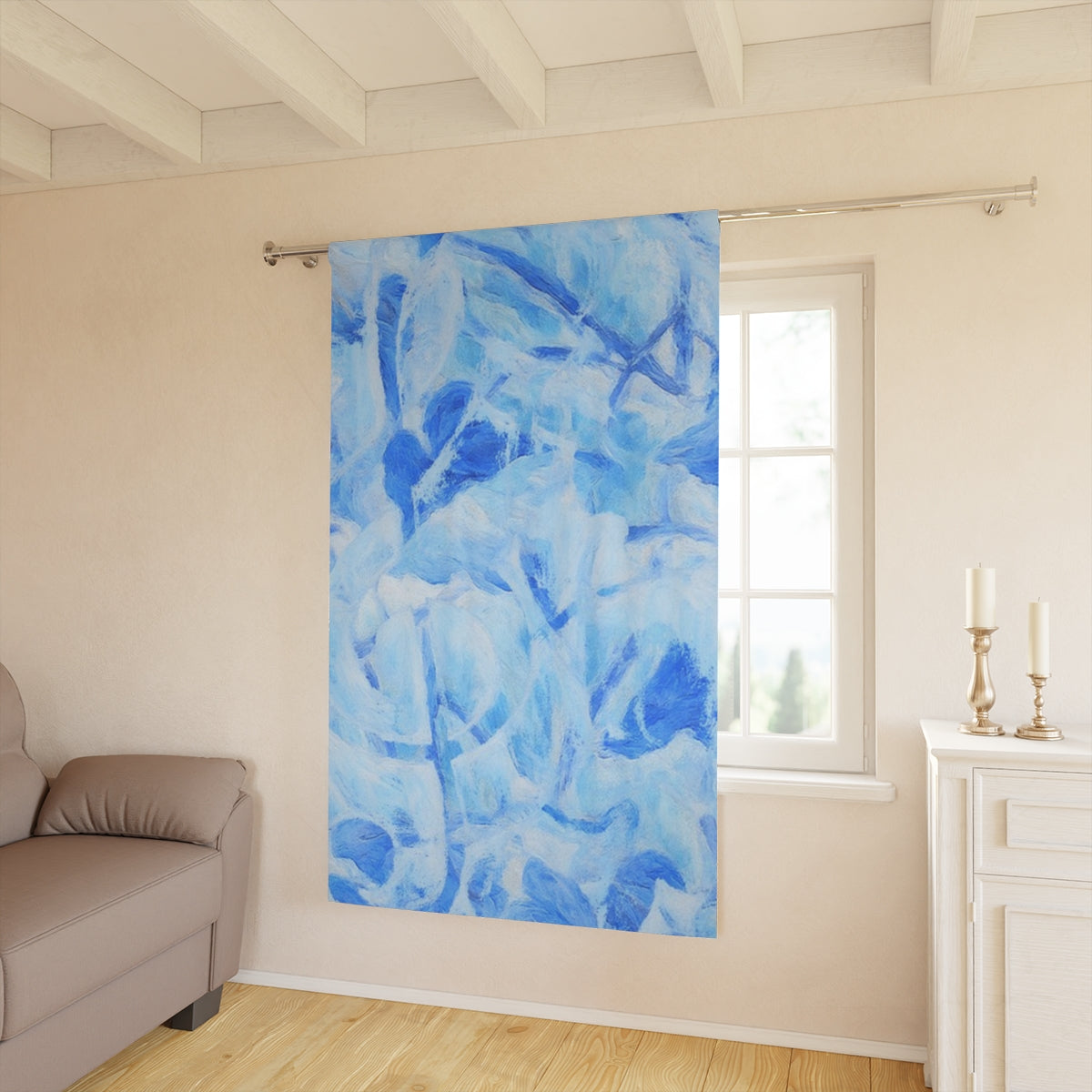 Azure Sonata with clef blackout curtain glowing in natural daylight, pale blue tones softening a bright room with light walls and classic decor