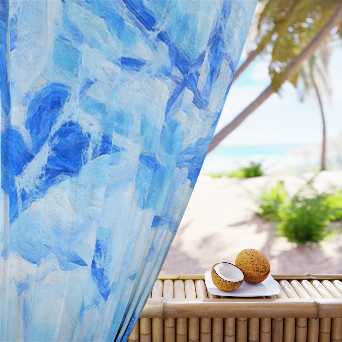 Detailed view of azure and white brushstrokes with clef forming layered abstract leaves on blackout curtain fabric with a smooth matte finish