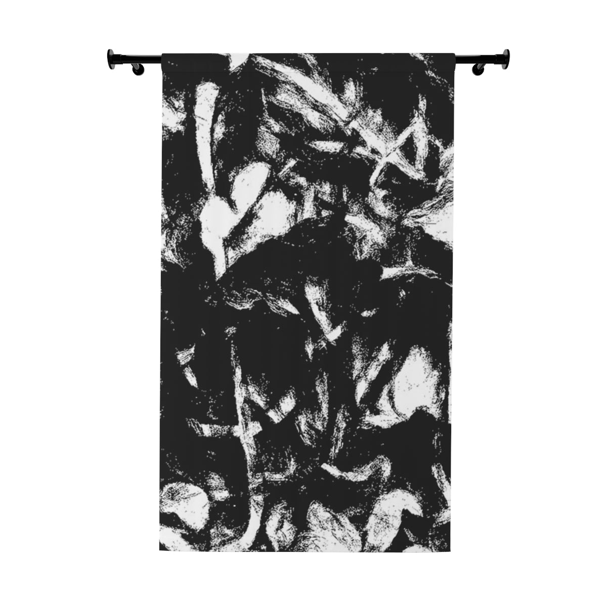 Blackout curtain with clef in high-contrast black and white with expressive leaf textures, presented flat against a plain white background