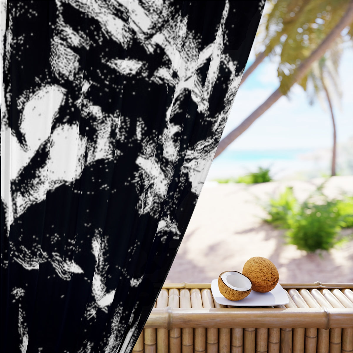 Close-up of stark black and white brush textures resembling abstract leaves on blackout fabric, emphasizing tonal sharpness and movement