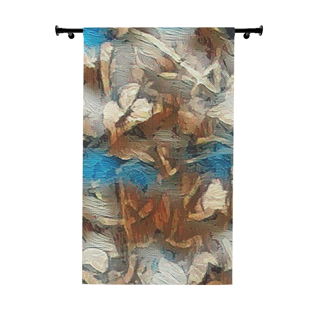 Blackout curtain with clef with soft brown, muted blue, and cream leaf-like textures layered in an earthy abstract composition against white backdrop