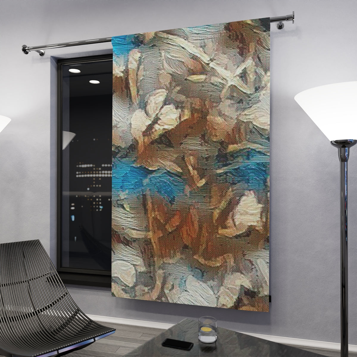 Earth-toned blackout curtain with clef in a dim modern setting, brown and blue foliage textures absorbing warm indoor light beside a night window