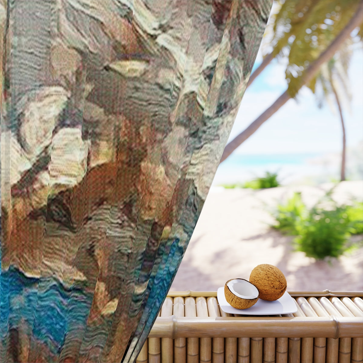 Detail of blackout fabric with layered earthy brushstrokes in brown, blue, and taupe, evoking forest floor textures in soft focus