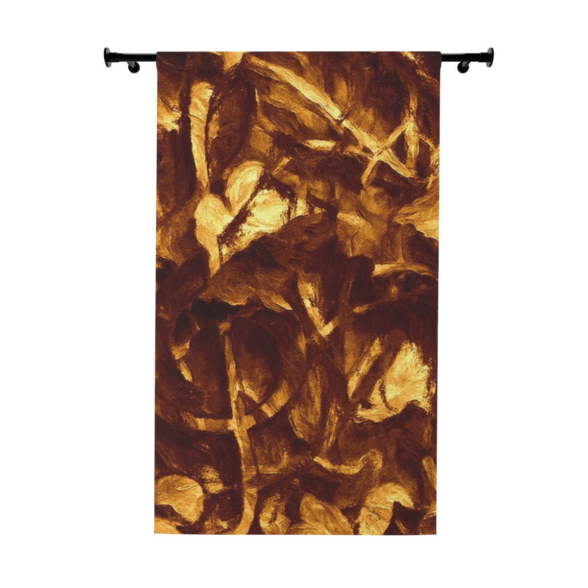 Blackout curtain with clef with abstract leaf forms in deep gold, amber, and sienna tones, shown flat against a white background
