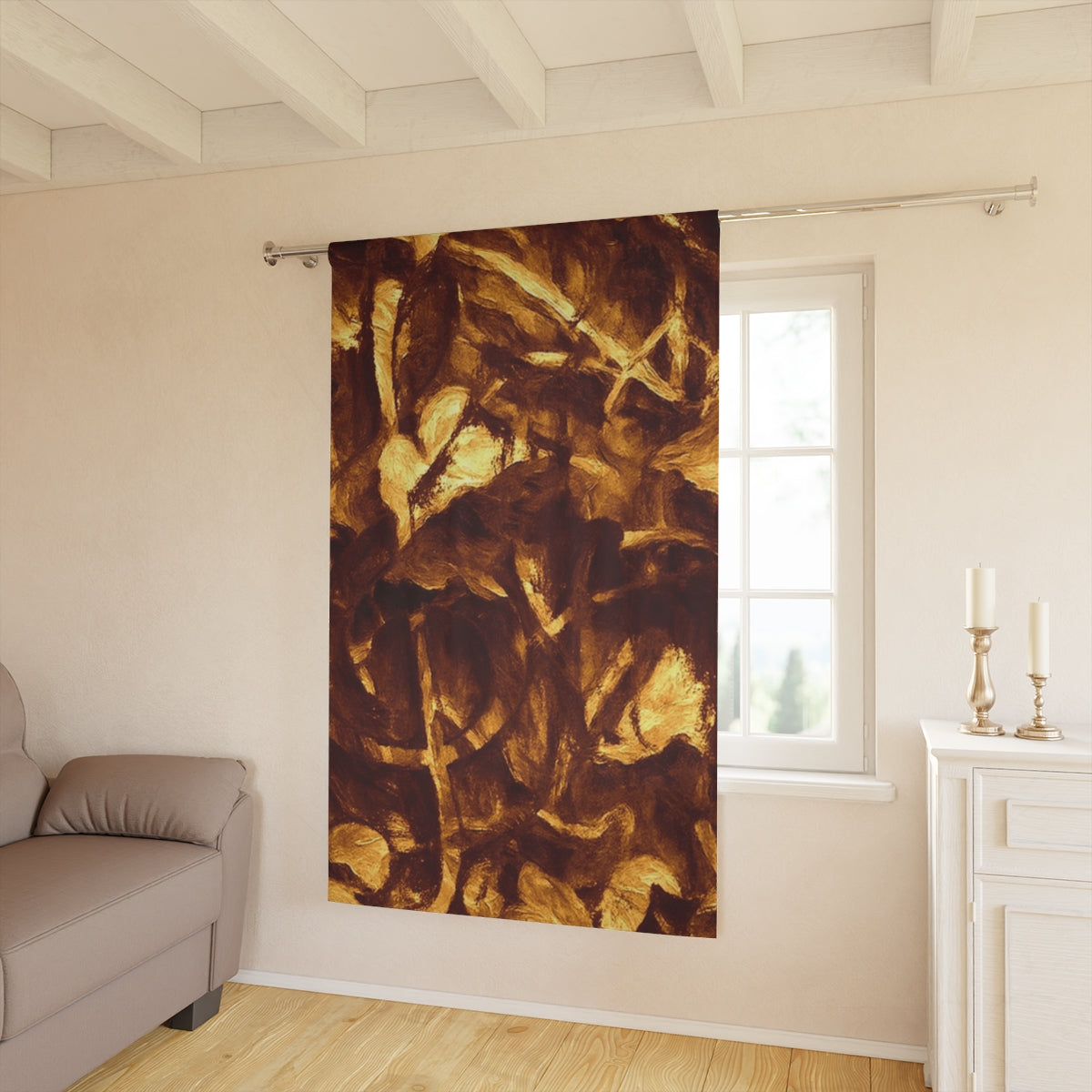 Gilded Elegy blackout curtain with clef glowing with warm golden hues in a softly sunlit interior with pale walls and warm-toned wood elements