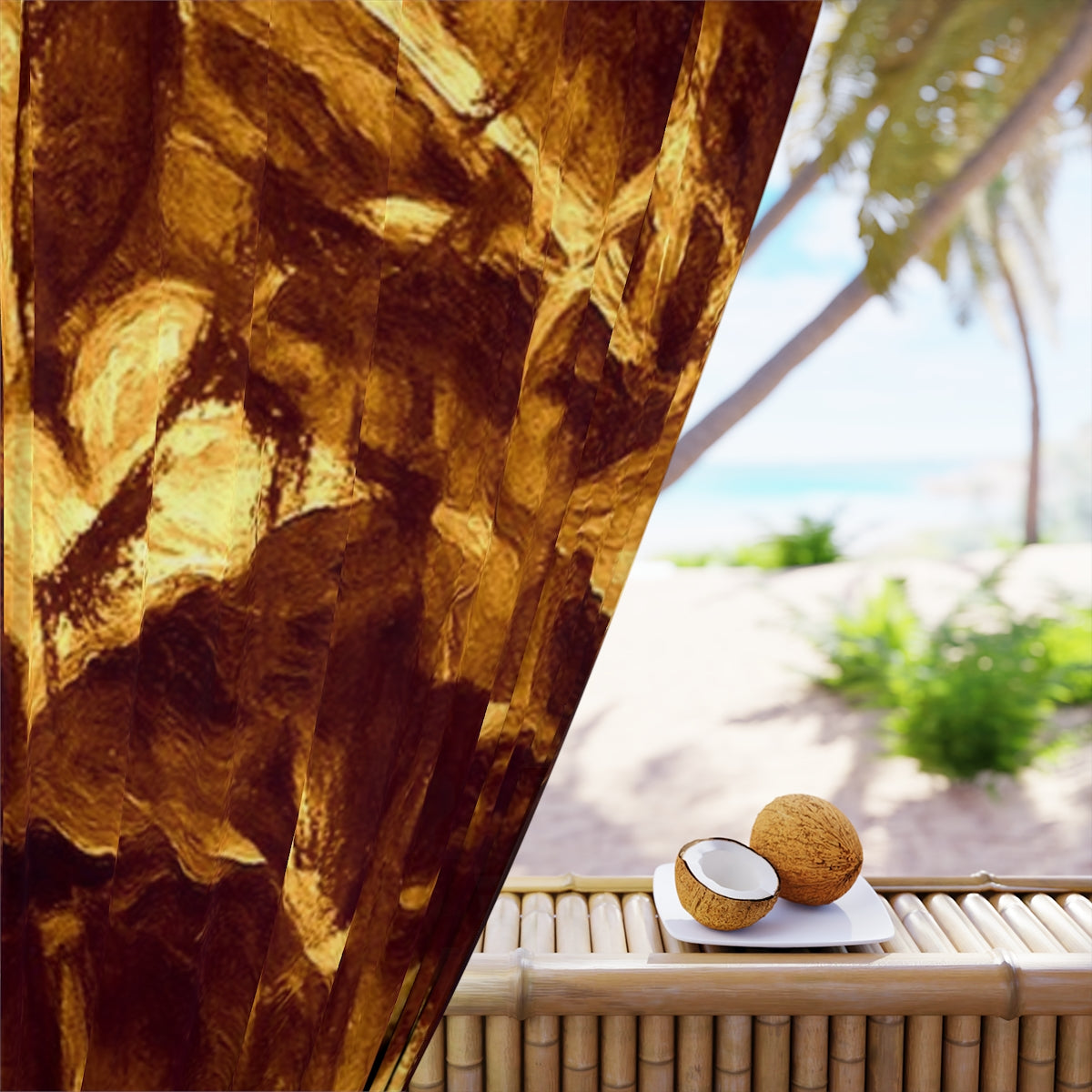 Close-up of blackout fabric featuring layered gold and ochre brushwork, evoking radiant abstract leaves in fading light