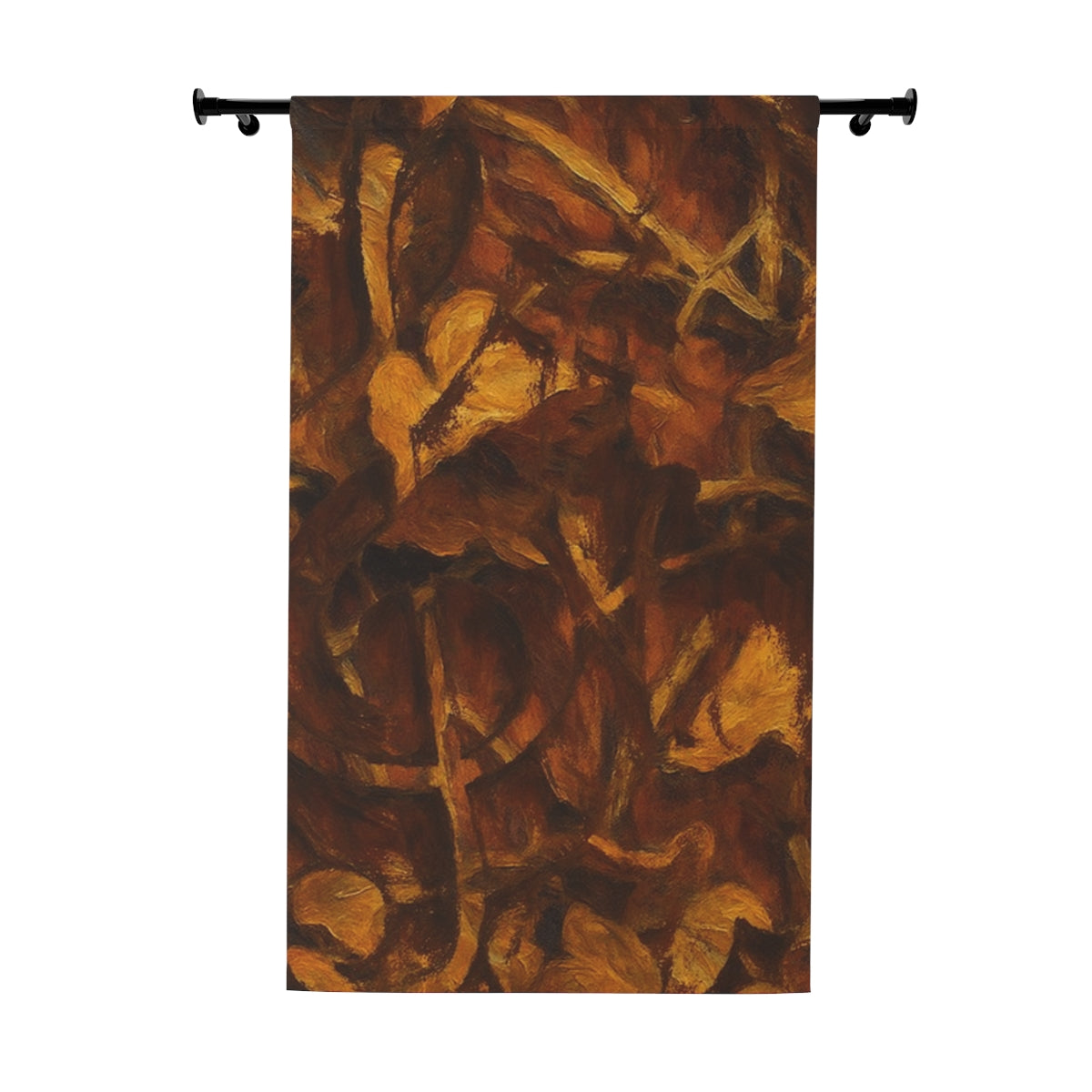 Blackout curtain featuring abstract leaf textures with clef  in rich brown, sienna, and ochre tones—shown flat against a white background
