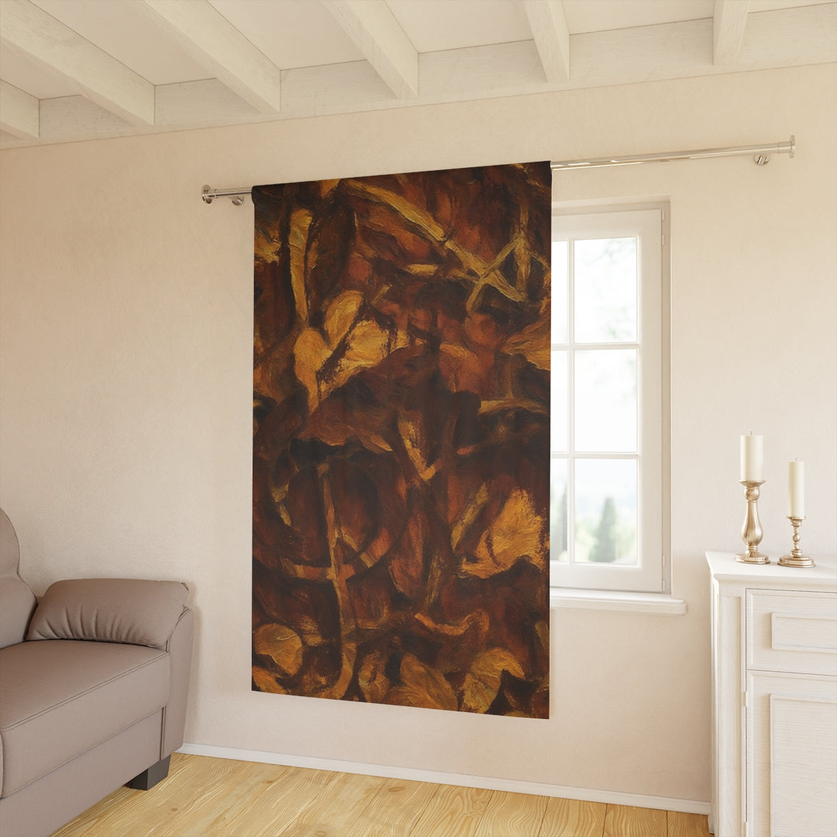 Leaf Tone blackout curtain with clef in warm earthy hues, displayed in a softly lit living room with beige walls and natural wood flooring