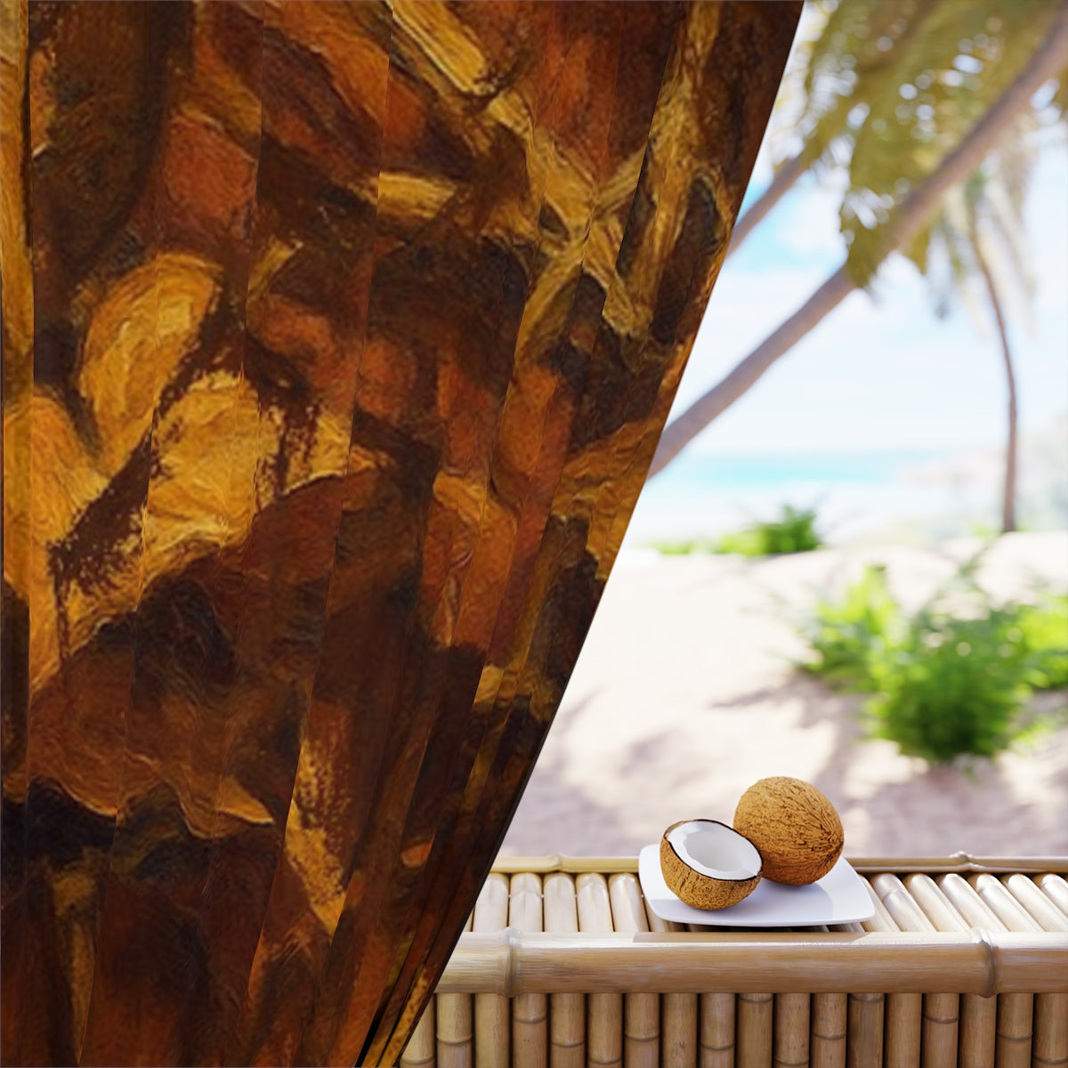 Painterly detail of layered brown and ochre brushstrokes on blackout curtain fabric, resembling abstracted autumn foliage