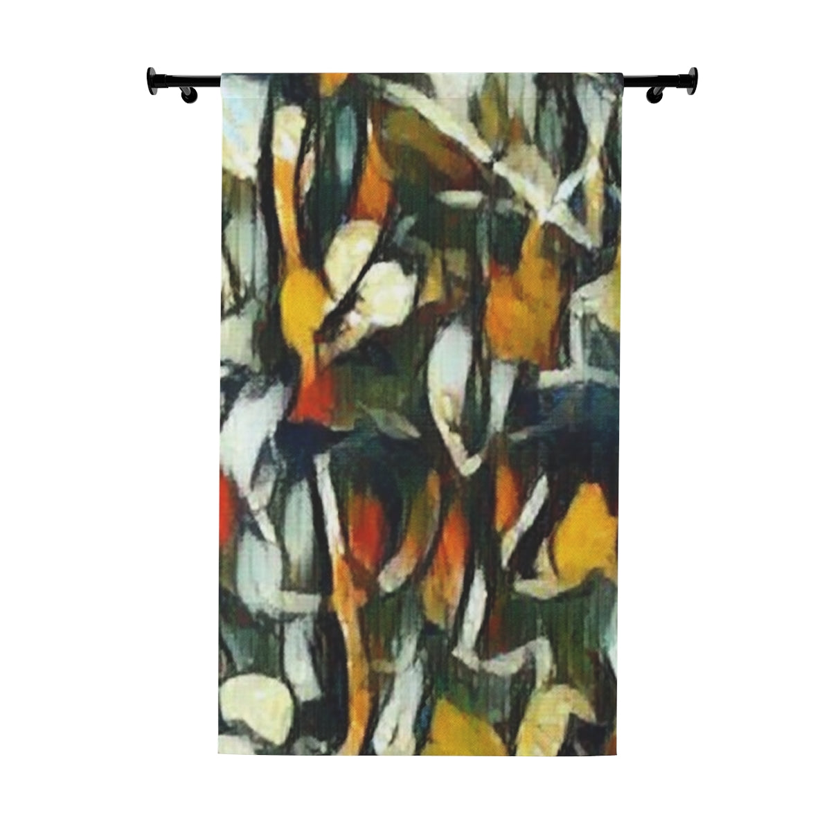 Blackout curtain with clef with fragmented floral forms in black, yellow, white, and green, painted in bold angular strokes with a dynamic, abstract composition