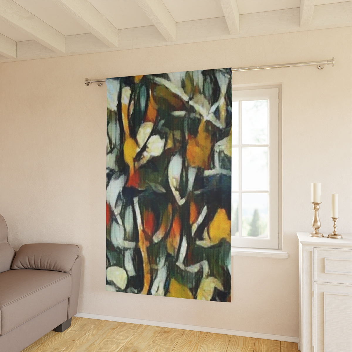 Obsidian Petals blackout curtain with clef in a daylight room, bold leaf shapes in high-contrast colors adding drama to a softly lit beige interior