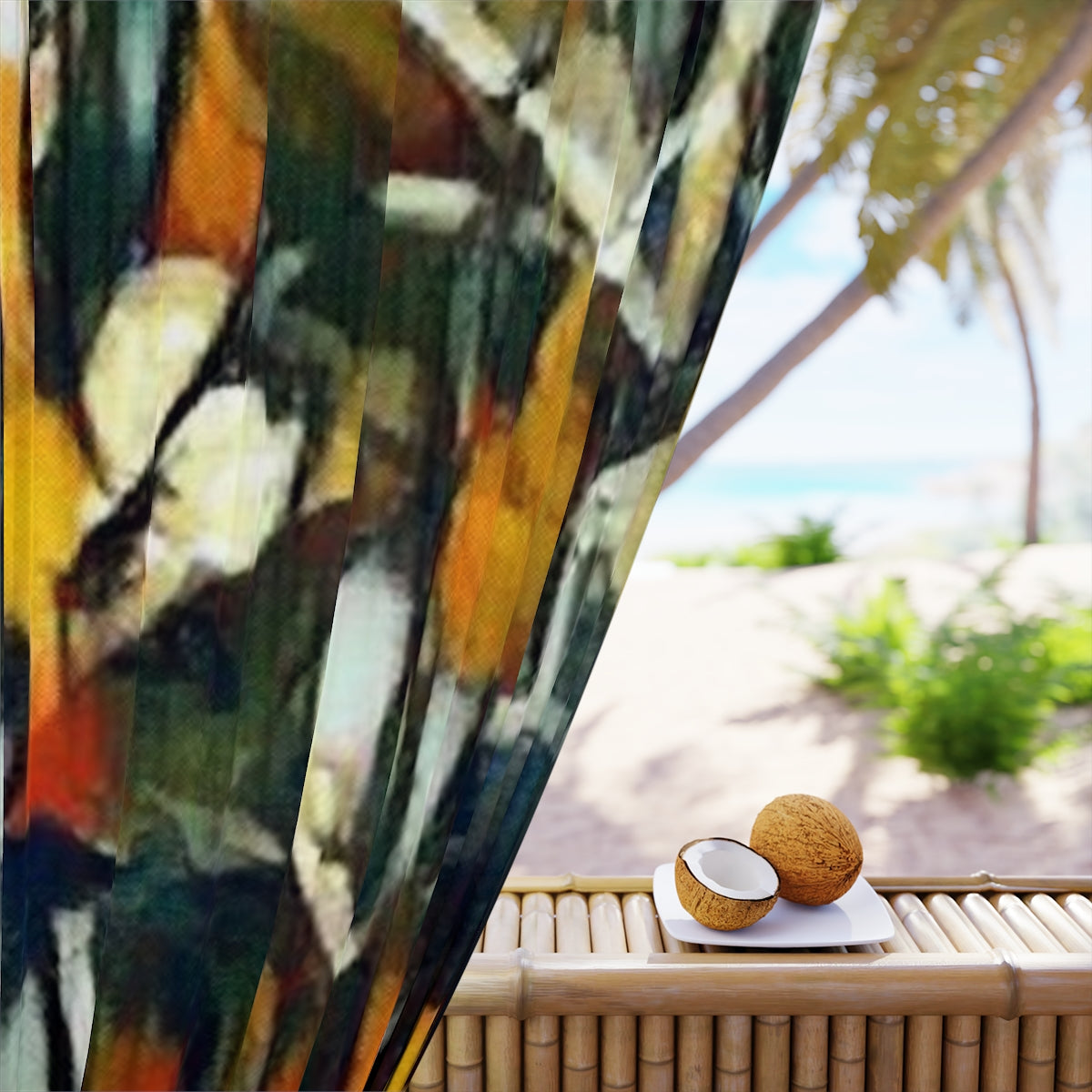 Detail of blackout fabric with thick brushwork outlining vivid yellow, green, and black leaf abstractions against a layered white background