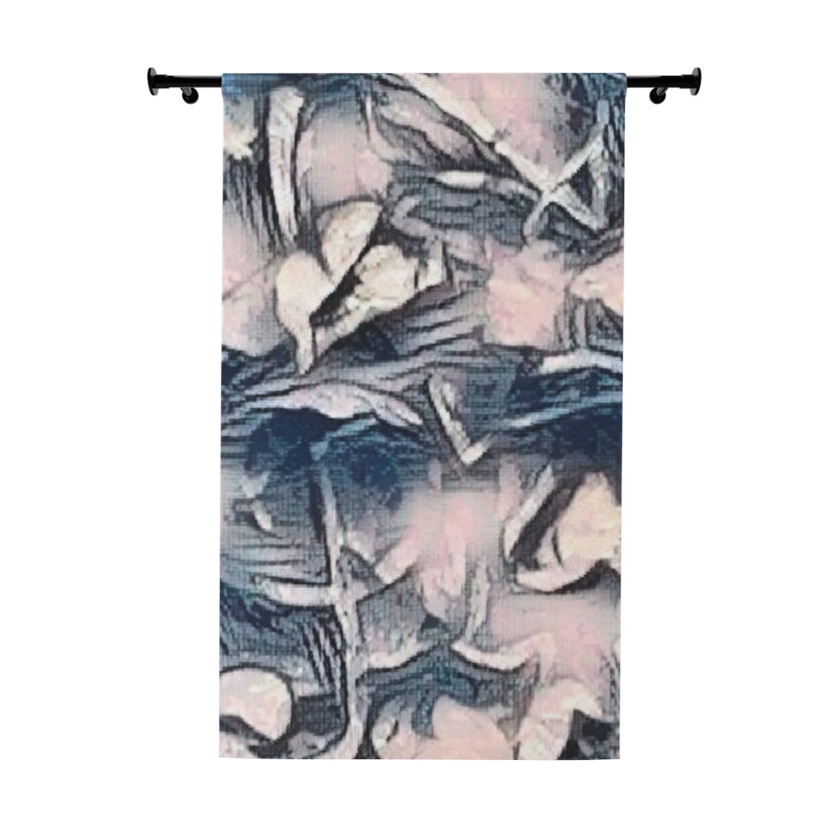 Blackout curtain with clef featuring layered leaf-like forms in soft slate blue, blush pink, and charcoal tones with a gently marbled, abstract texture