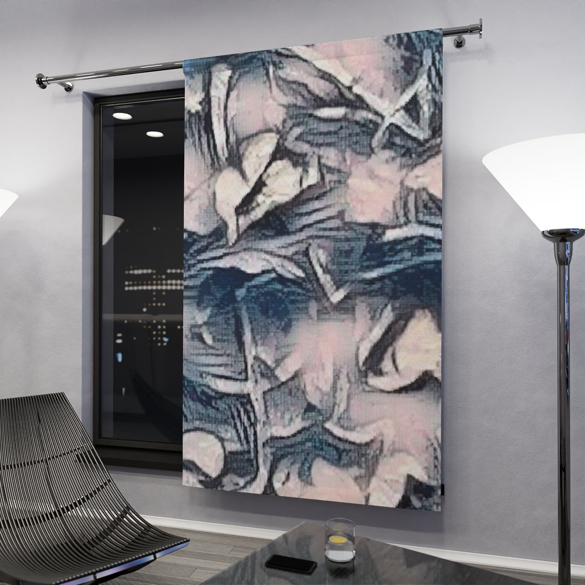 Muted abstraction with clef in pale blush and blue-grey tones glowing gently under ambient interior light in a contemporary darkened setting