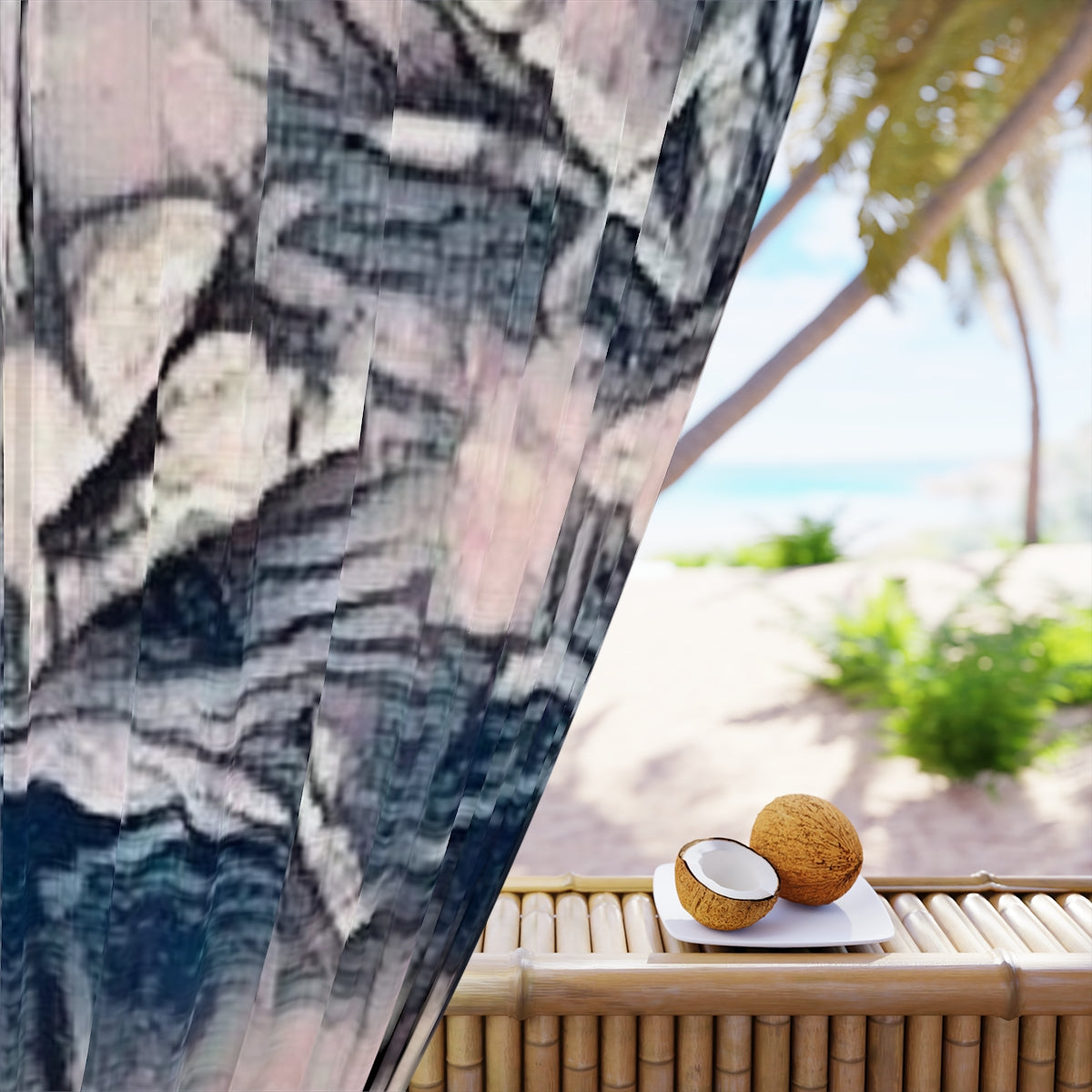 Close-up of blackout fabric showing diffused pink, slate, and black brushstrokes forming soft abstracted petals and foliage