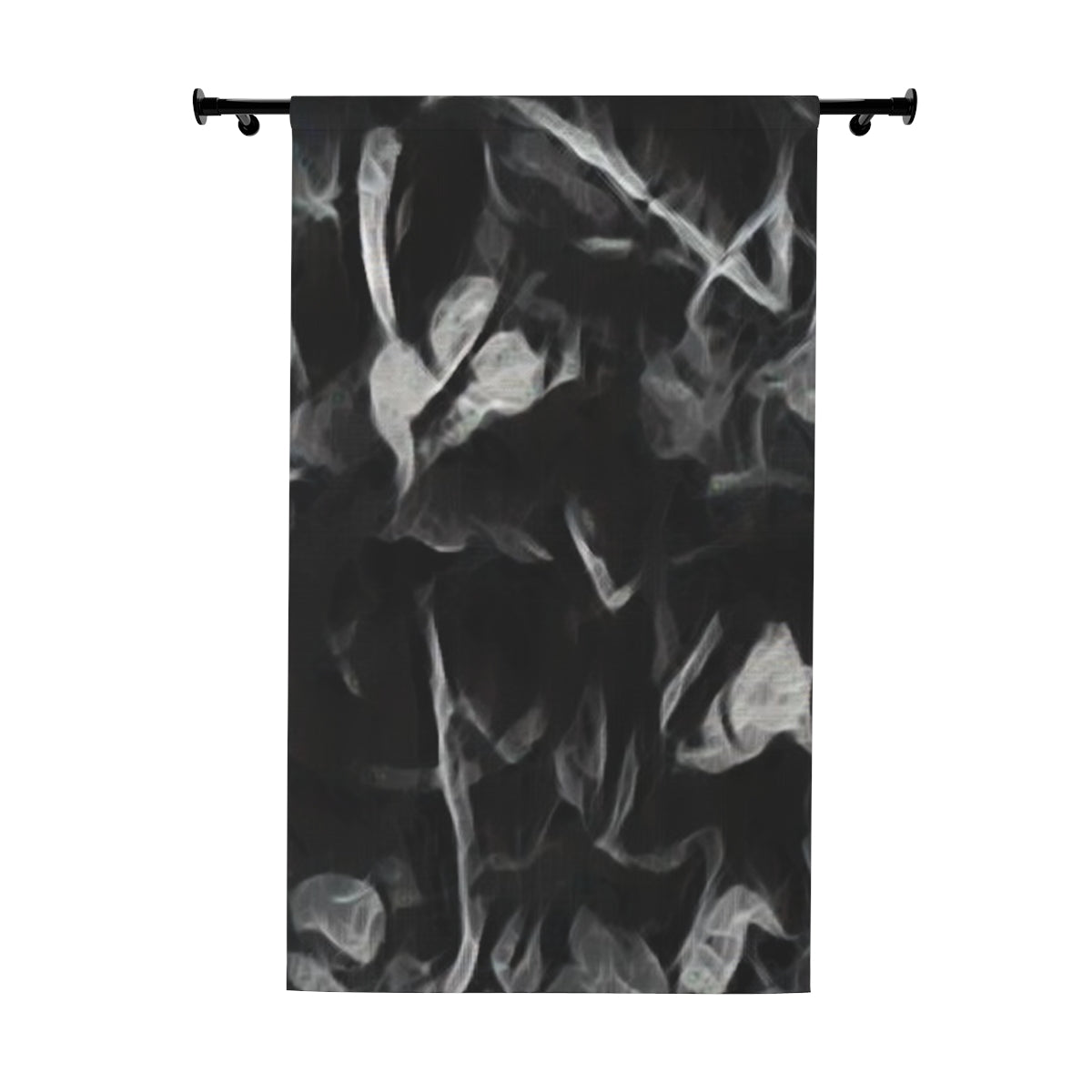 Blackout curtain with clef featuring swirling white and grey leaf-like forms drifting across a deep black background in a smoke-inspired abstract design