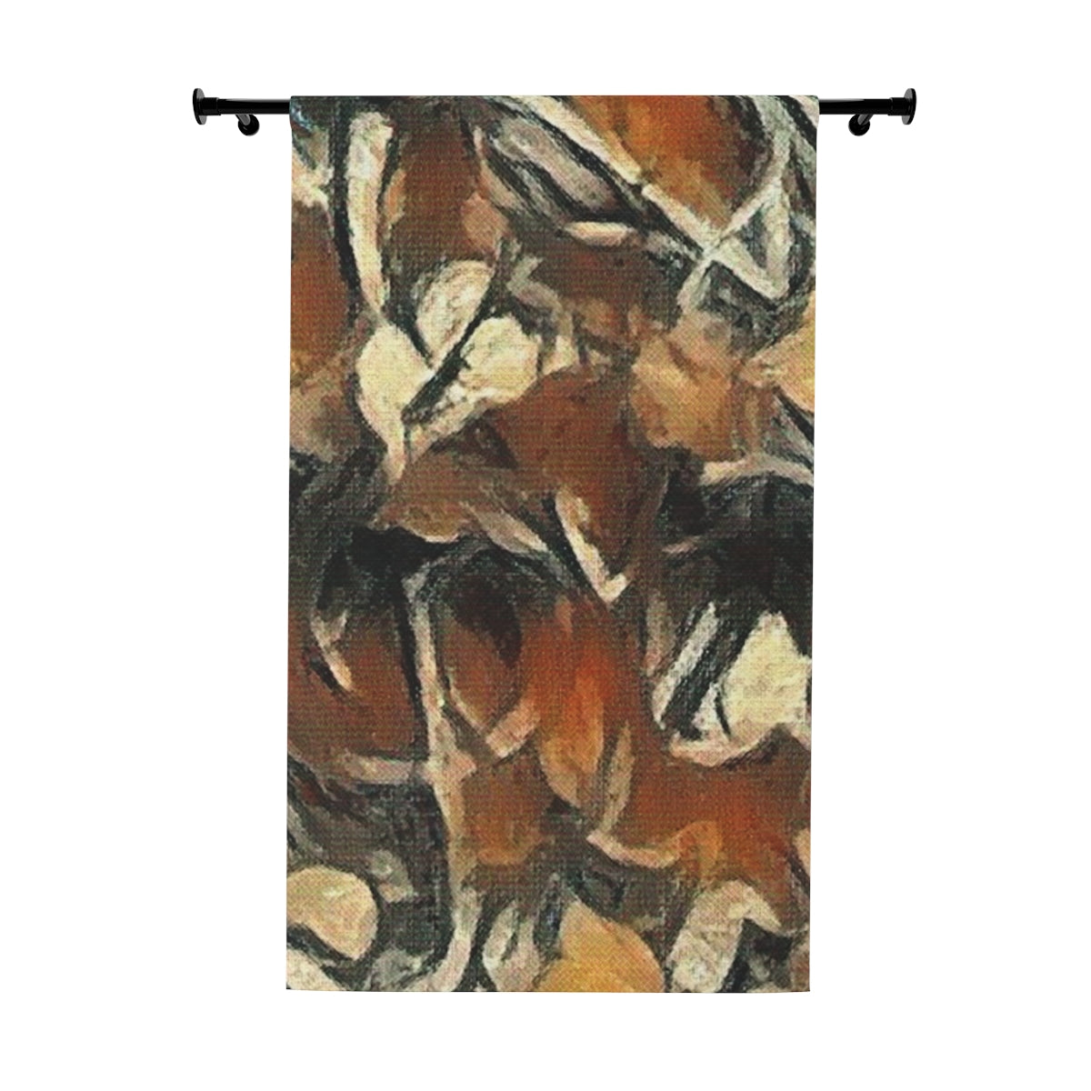 Blackout curtain with clef with abstract leaf forms in warm rust, ochre, and charcoal tones layered in a textured painterly composition—shown flat on white