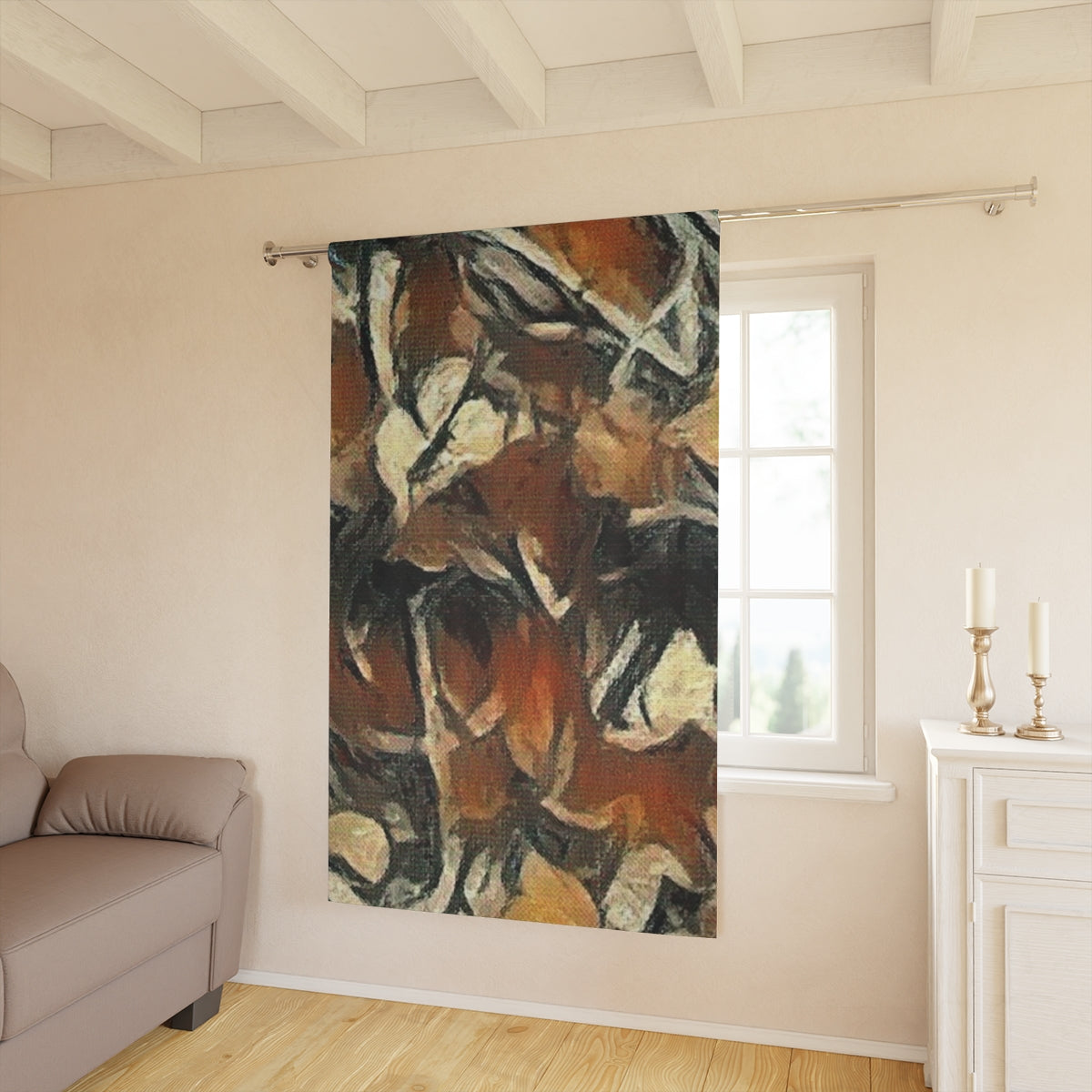 Terra Cadence blackout curtain with clef casting earthy orange and brown tones into a daylight room with natural wood accents and beige walls