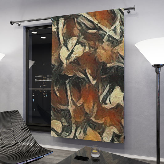 Rust-toned blackout curtain with clef, layered sienna and dark edges under soft night lighting