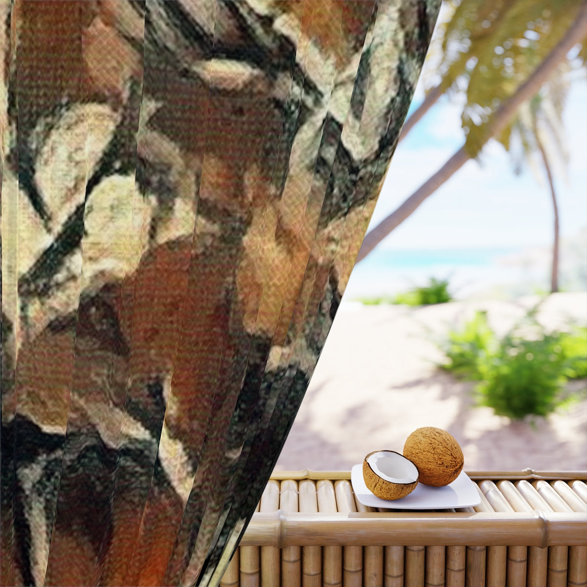 Detail of blackout fabric featuring angular foliage brushstrokes in deep rust, clay, and black, evoking a rhythmic, autumnal abstraction