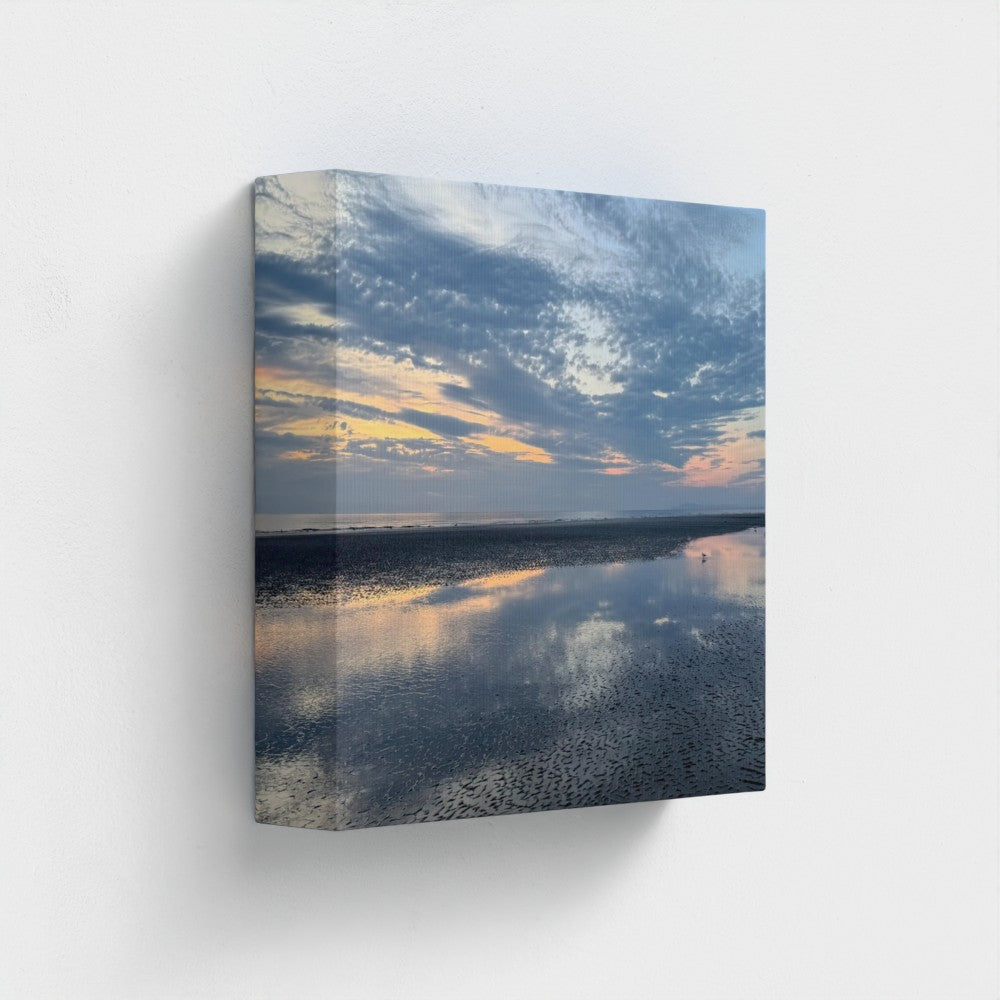 Eco-Friendly Canvas featuring Blackpool Beach Sunset X Reflection. Canvas print of cloudy sunset sky mirrored on wet shoreline