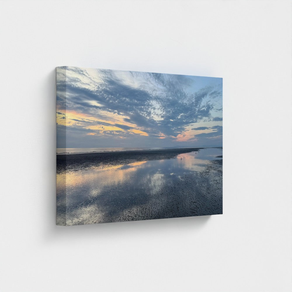 Eco-Friendly Canvas featuring Blackpool Beach Sunset X Reflection mounted wall art showing sunset sky and mirrored wet sand