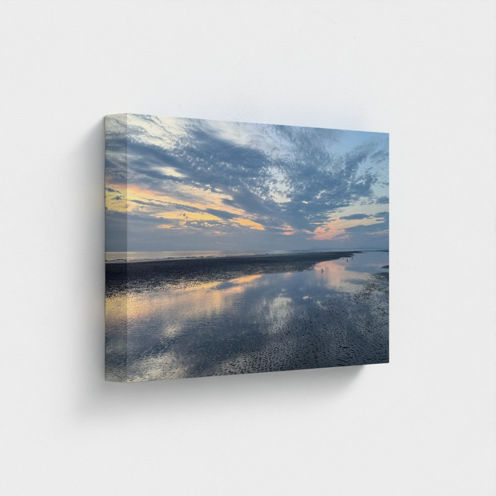 Eco-Friendly Canvas featuring Blackpool Beach Sunset X Reflection. Wall art print showing low tide mirror reflection and clouds