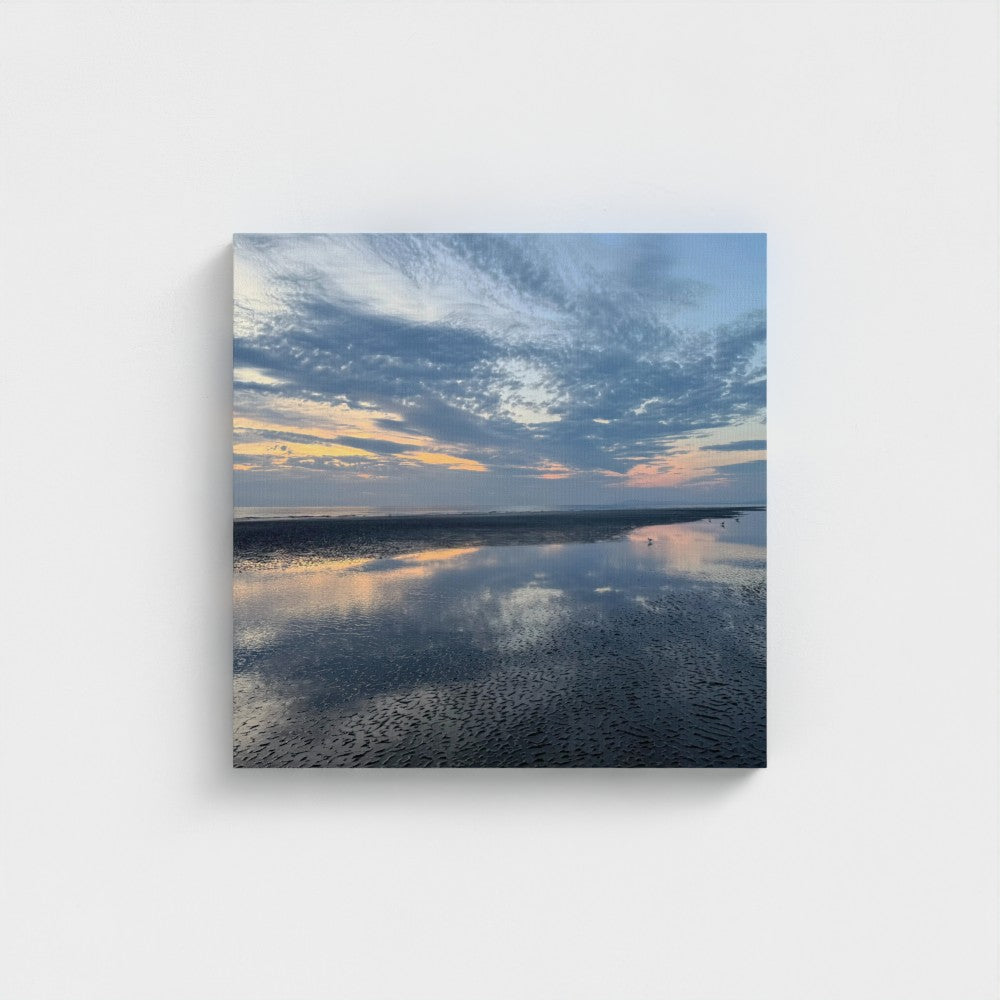 Eco-Friendly Canvas featuring Blackpool Beach Sunset X Reflection. Square canvas print of tidal flats reflecting sunset sky