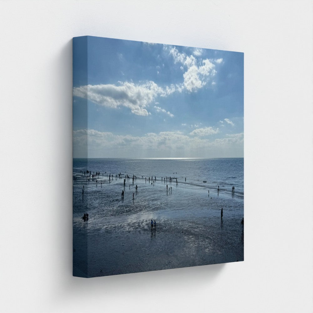 Made in UK Ec0-Friendly Canvas with Beach in Shadow and Sunlight on the Horizon. Seaside wall art with silhouettes