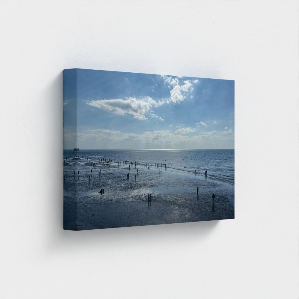 Papis Canvas Made in UK Ec0-Friendly Canvas with Beach in Shadow and Sunlight on the Horizon. print with posts and reflections