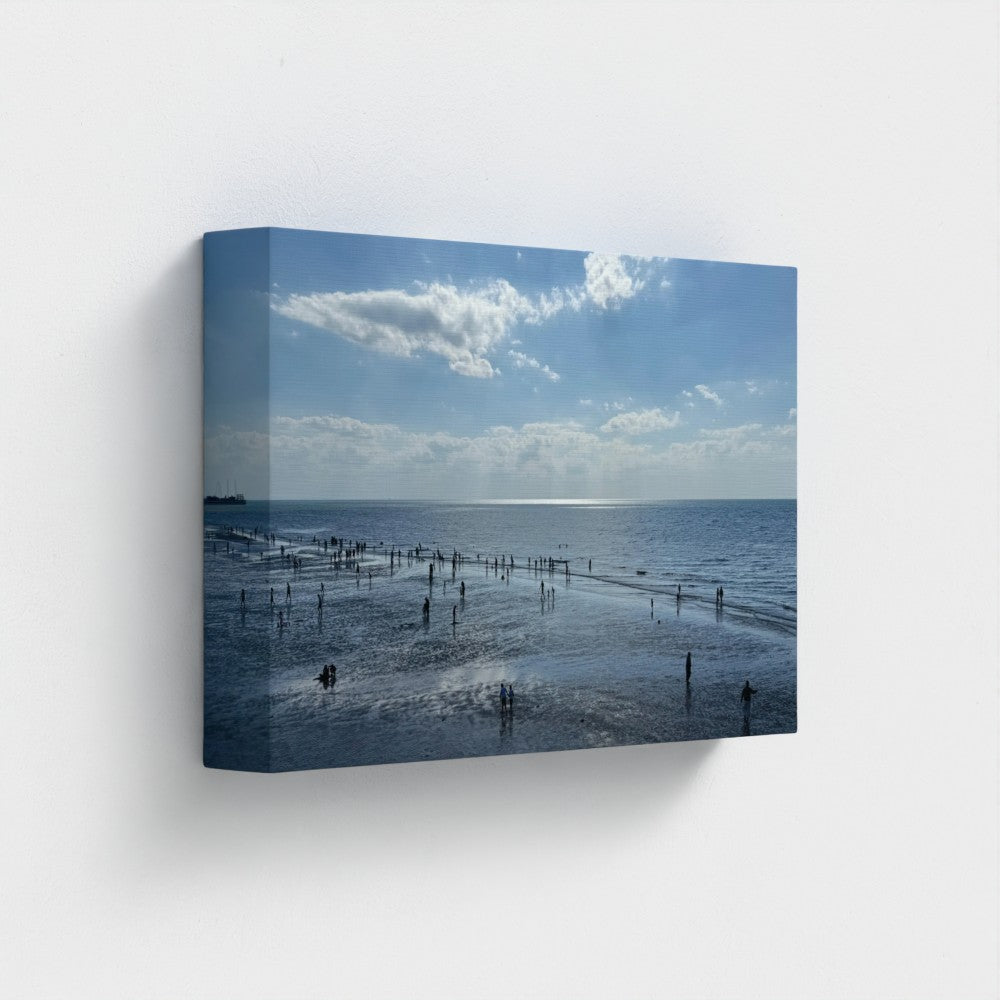 Made in UK Ec0-Friendly Canvas with Beach in Shadow and Sunlight on the Horizon. Gallery-wrapped print of tidal beach posts