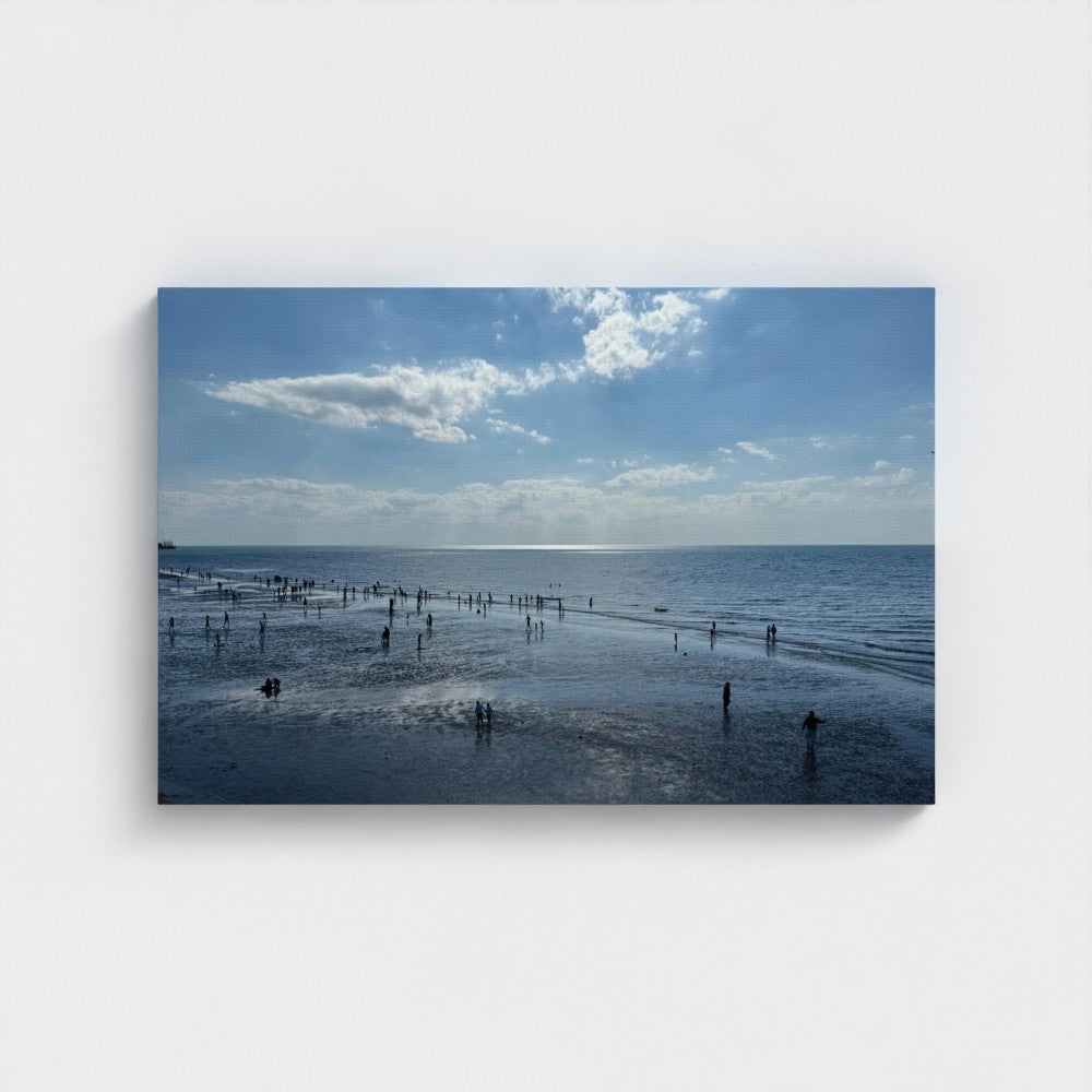 Made in UK Ec0-Friendly Canvas with Beach in Shadow and Sunlight on the Horizon. Low tide beachgoers and shimmering sea