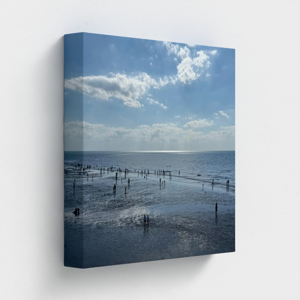 Made in UK Ec0-Friendly Canvas with Beach in Shadow and Sunlight on the Horizon. Papis Canvas print showing walkers and water