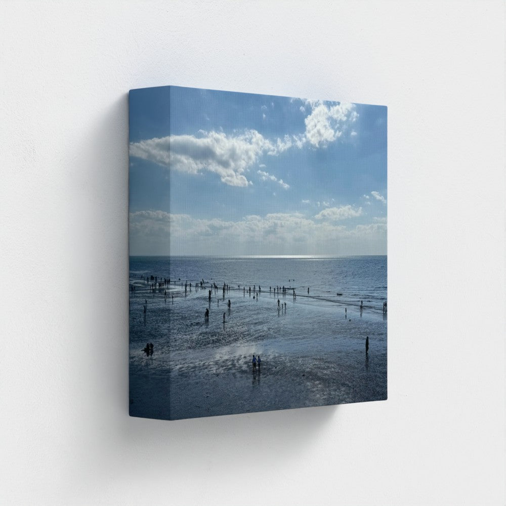 Made in UK Ec0-Friendly Canvas with Beach in Shadow and Sunlight on the Horizon. Seascape canvas of low tide beach with figures