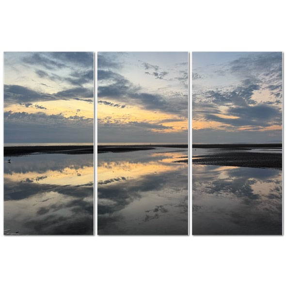 Made in UK Triptych Canvas featuring Sea Sunset Sky and Clouds Reflection. Three panel coastal wall art with mirrored tidal pool