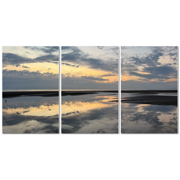 Made in UK Triptych Canvas featuring Sea Sunset Sky and Clouds Reflection. Papi's Canvas coastal wall art set with mirrored water