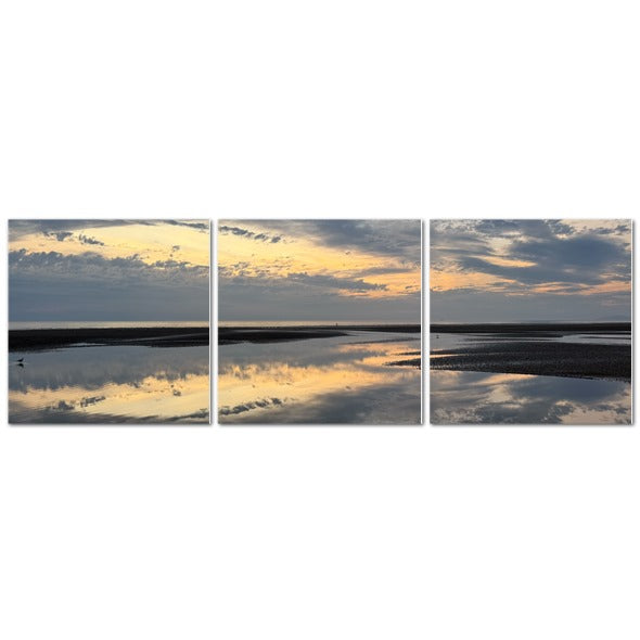Made in UK Triptych Canvas featuring Sea Sunset Sky and Clouds Reflection. Papis Canvas three panel coastal print