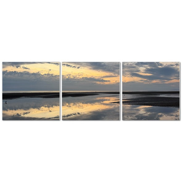 Made in UK Triptych Canvas featuring Sea Sunset Sky and Clouds Reflection. Papis Canvas wall art reflecting sunset over tidal pool