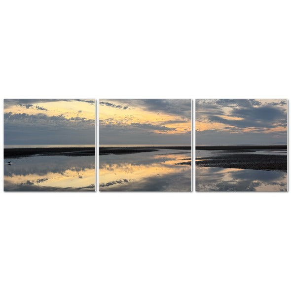 Made in UK Triptych Canvas featuring Sea Sunset Sky and Clouds Reflection. Seaside triptych with clouds reflected on calm water