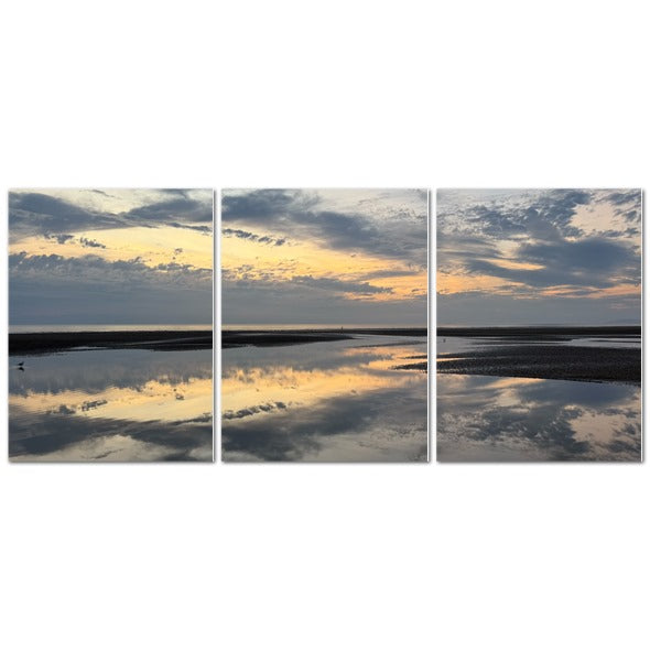 Papis Canvas coastal wall art Made in UK Triptych Canvas featuring Sea Sunset Sky and Clouds Reflection.