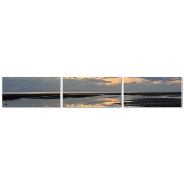 Made in UK Triptych Canvas featuring Sea Sunset Sky and Clouds Reflection, three panel seascape with mirrored wet sand
