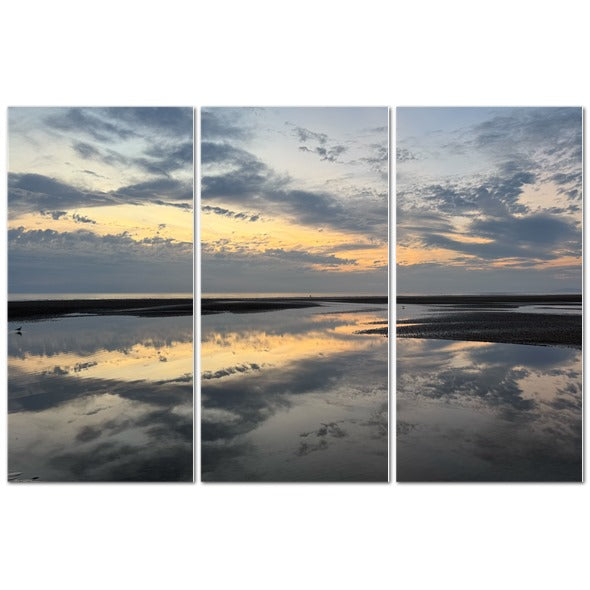 Papi's Canvas wall art Made in UK Triptych Canvas featuring Sea Sunset Sky and Clouds Reflection. Serene mirrored beach scene