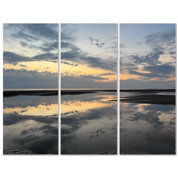 Made in UK Triptych Canvas featuring Sea Sunset Sky and Clouds Reflection showing three panels of calm sea and mirrored sunset sky