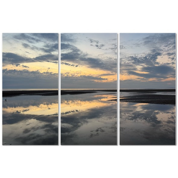 Made in UK Triptych Canvas featuring Sea Sunset Sky and Clouds Reflection. Coastal triptych print with reflective sea and sky