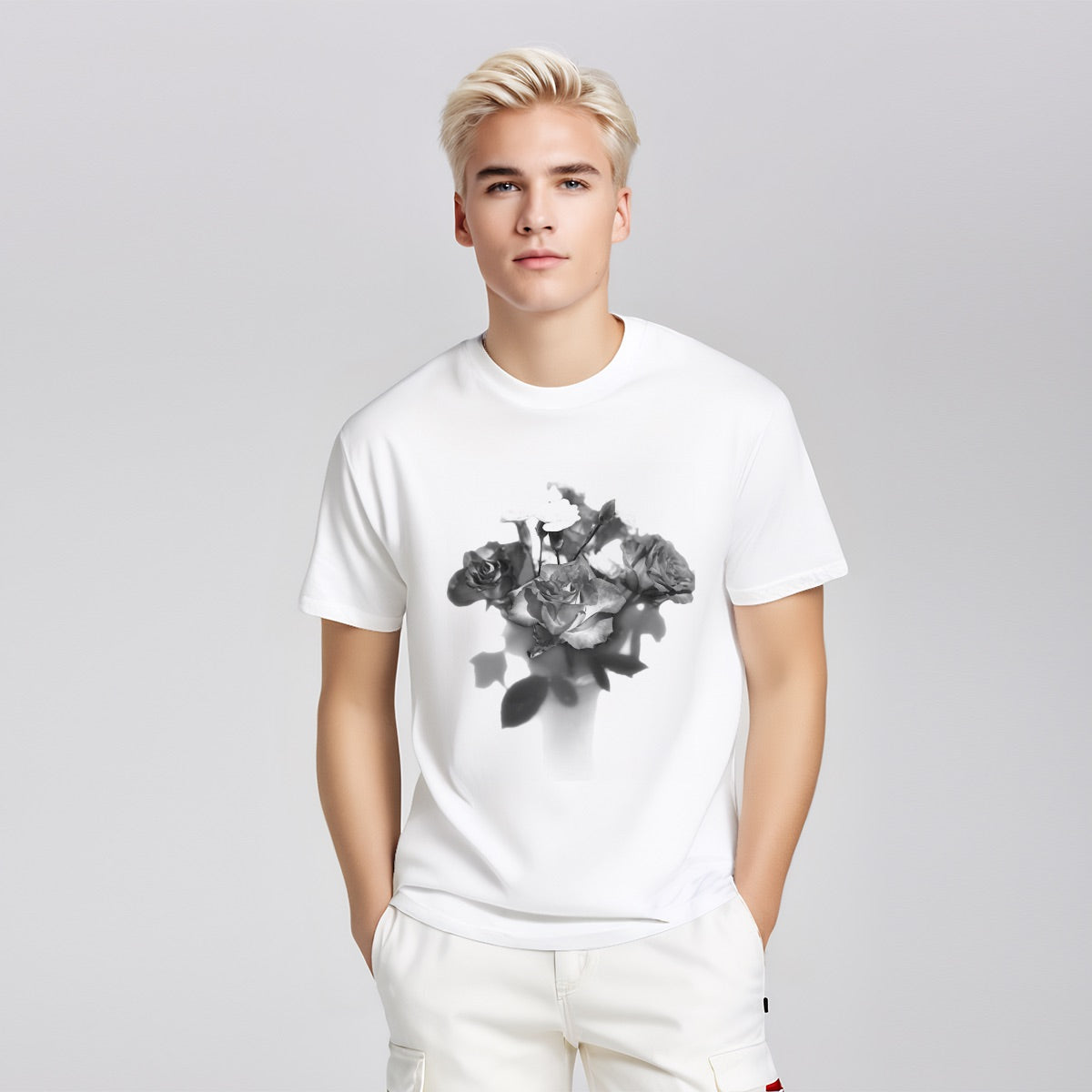 floral gildan 5000 cotton heavy t-shirt featuring black and white roses