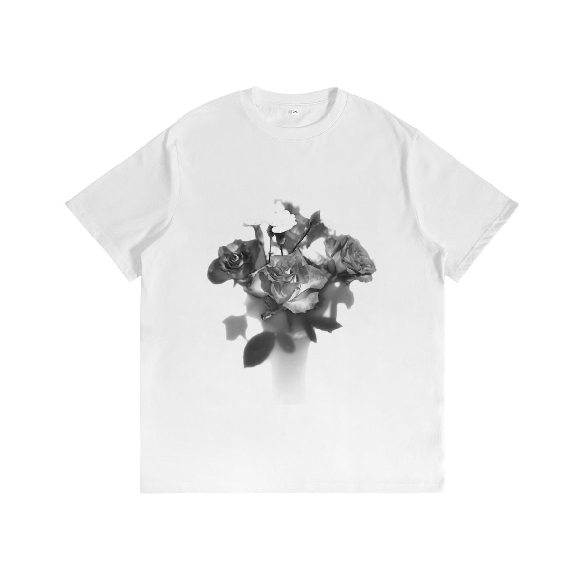 floral gildan 5000 cotton heavy t-shirt featuring black and white roses
