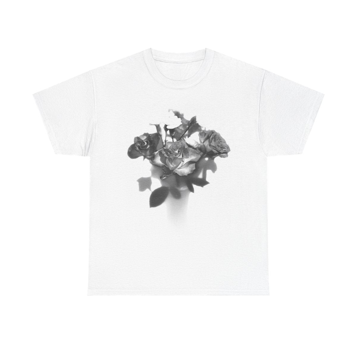 floral gildan 5000 cotton heavy t-shirt featuring black and white roses
