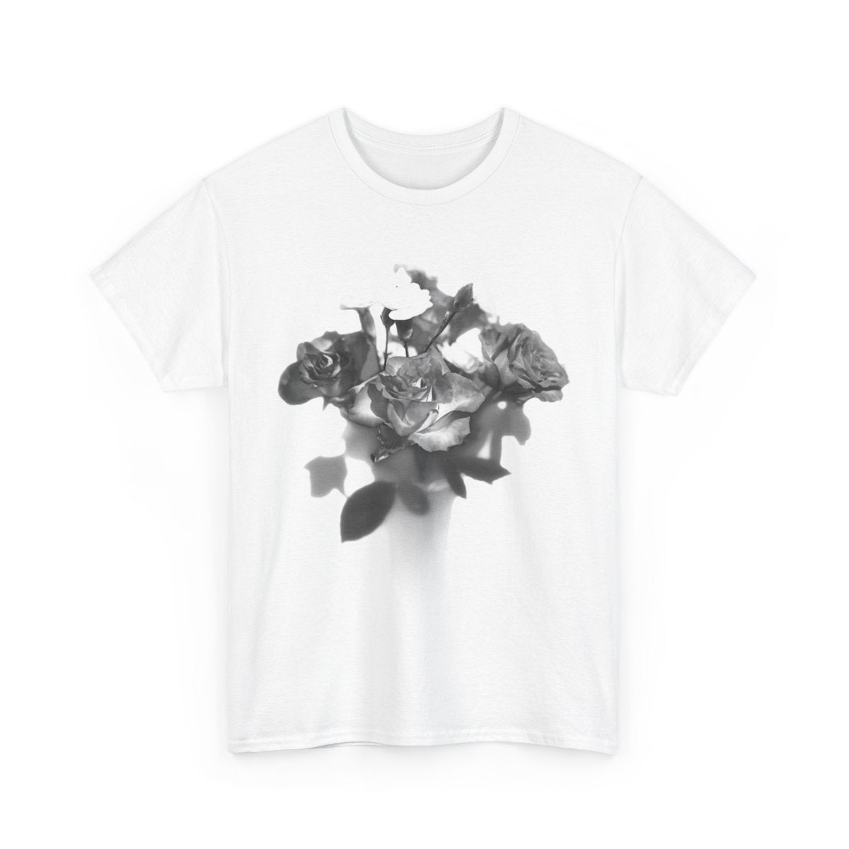 floral gildan 5000 cotton heavy t-shirt featuring black and white roses