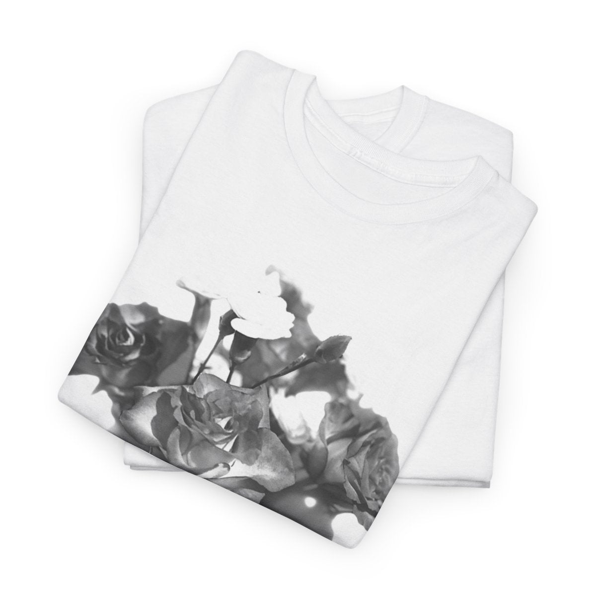 floral gildan 5000 cotton heavy t-shirt featuring black and white roses