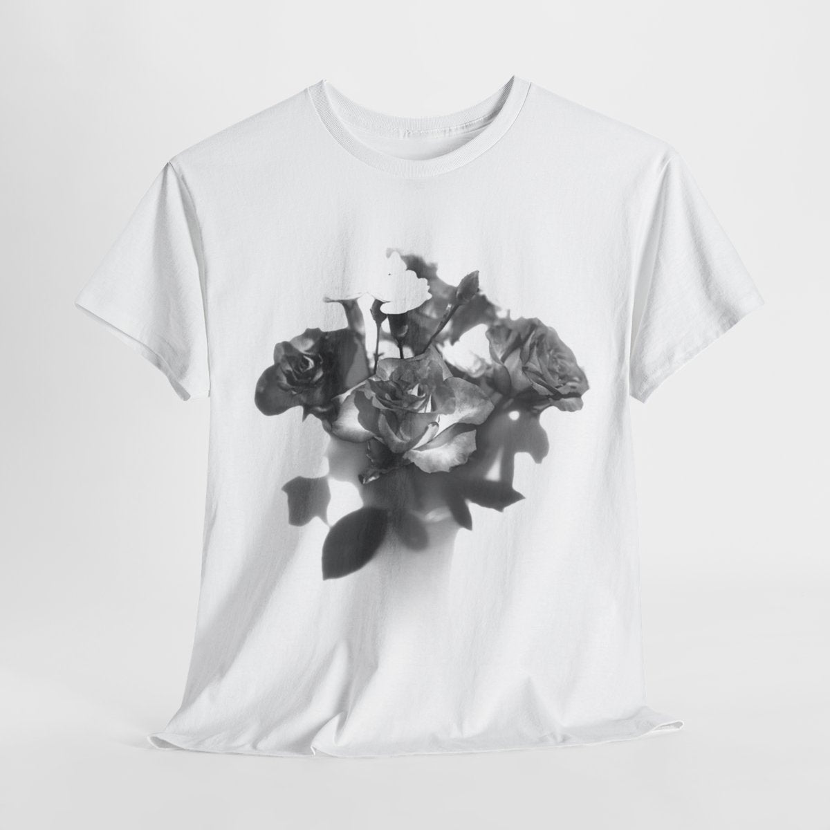 floral gildan 5000 cotton heavy t-shirt featuring black and white roses